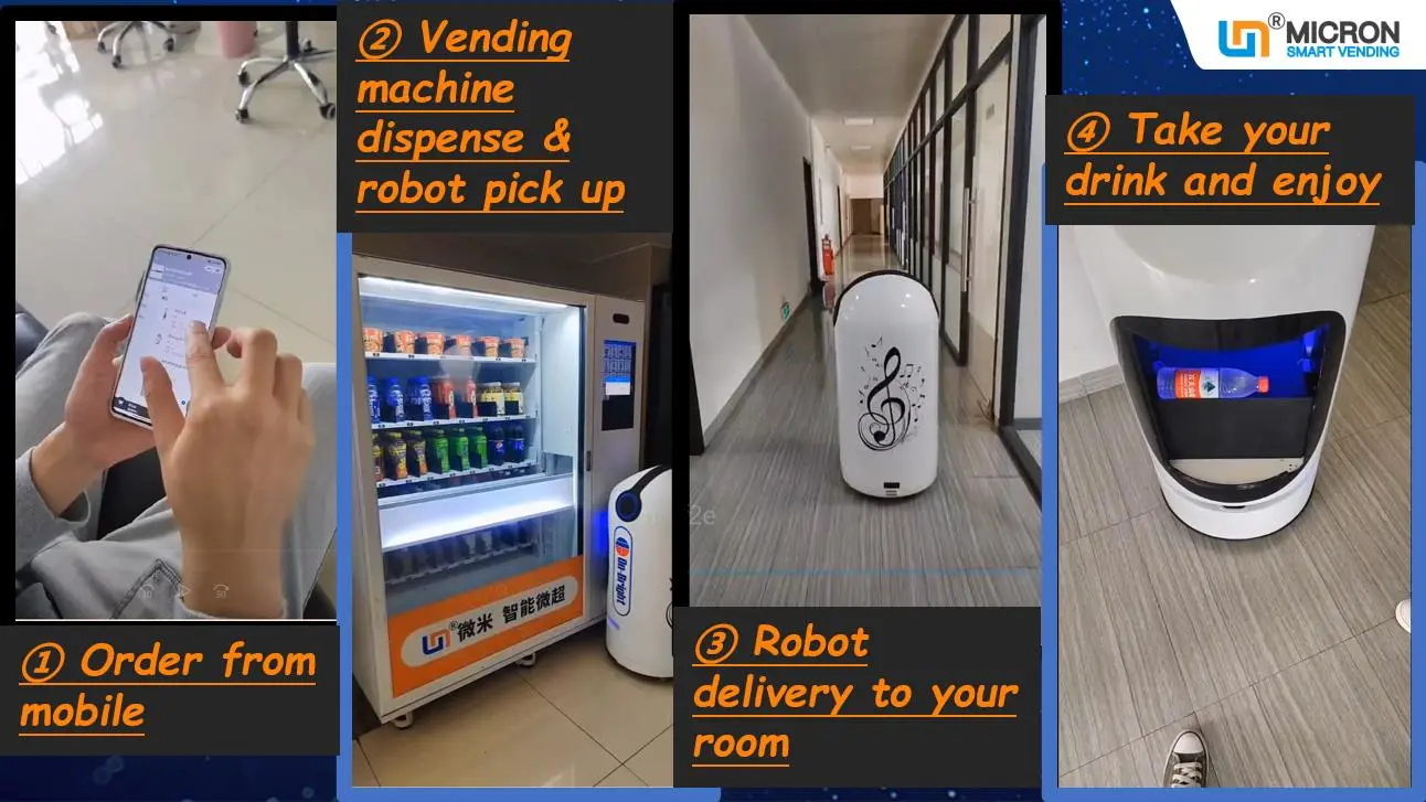 Mobile make order vending machine dispense and robot deliver 2022 New Desgin Vending machine + Robot. New unattended retail order from mobile, Snack and drink will goes to you.