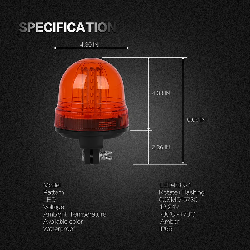 LED-03R-1 Amber LED 60-5730 LEDs Beacon Light Strobe  With Support  For Crane