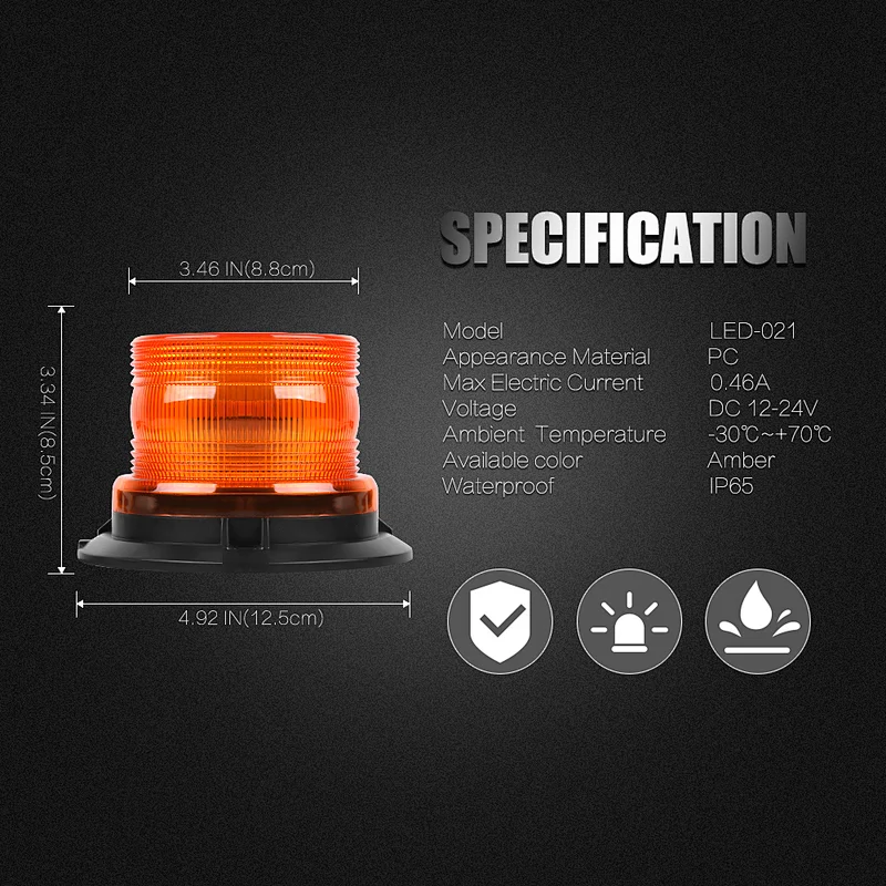 LED-021 EMARK R65 Certification Amber LED 24-3030 LEDS Strobe Emergency Beacon Light For Engineering Vehicle