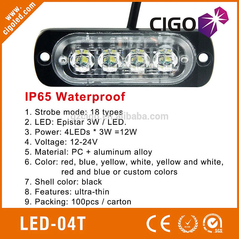 3W per LED LED-04T slim emergency lights for vehicles 12-24V 4 pcs leds car led strobe grill lights