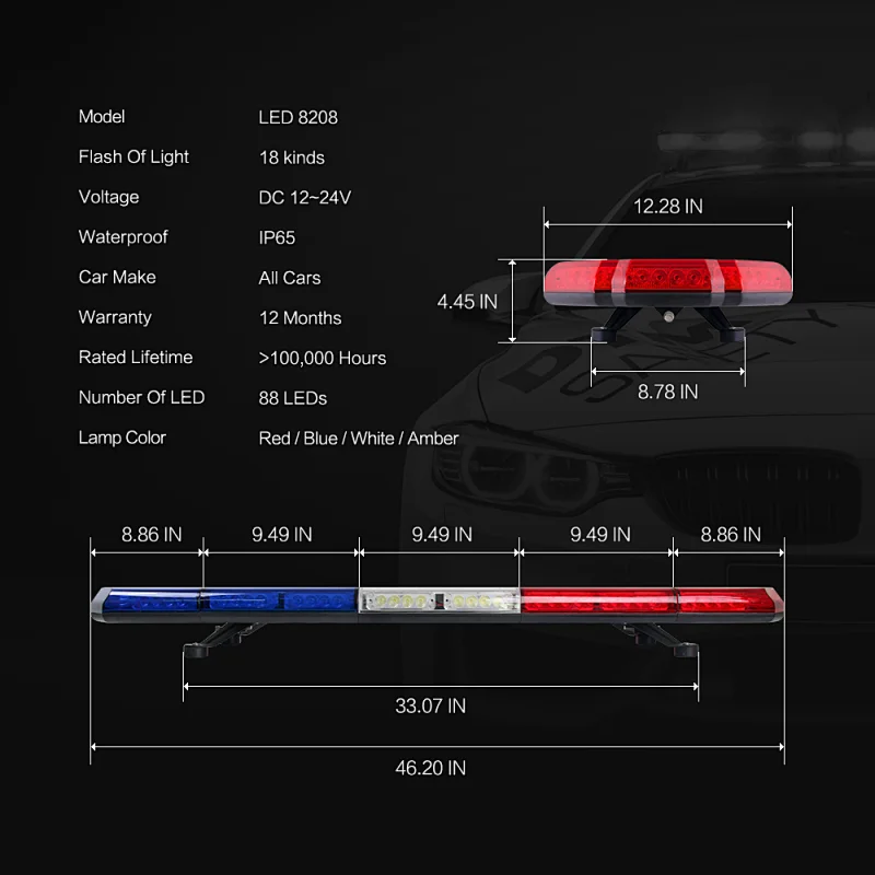 LED-8208 1.2M amber red blue white color emergency led warning lightbar