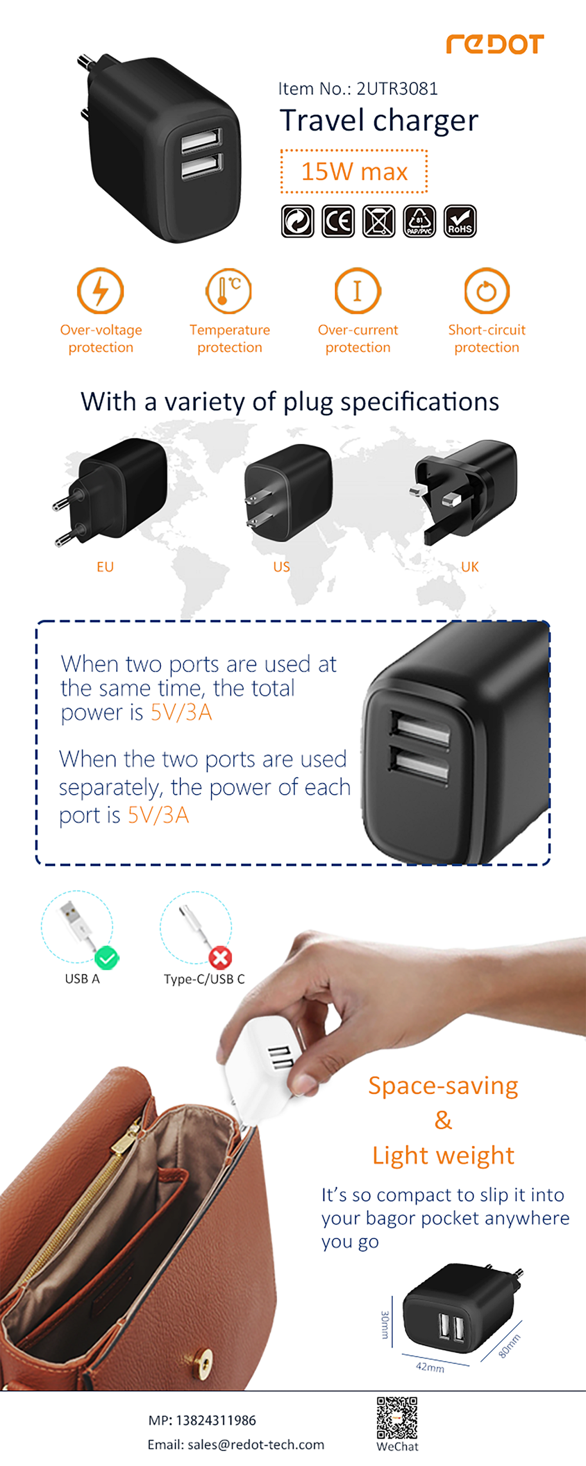Dual USB A Travel Charger