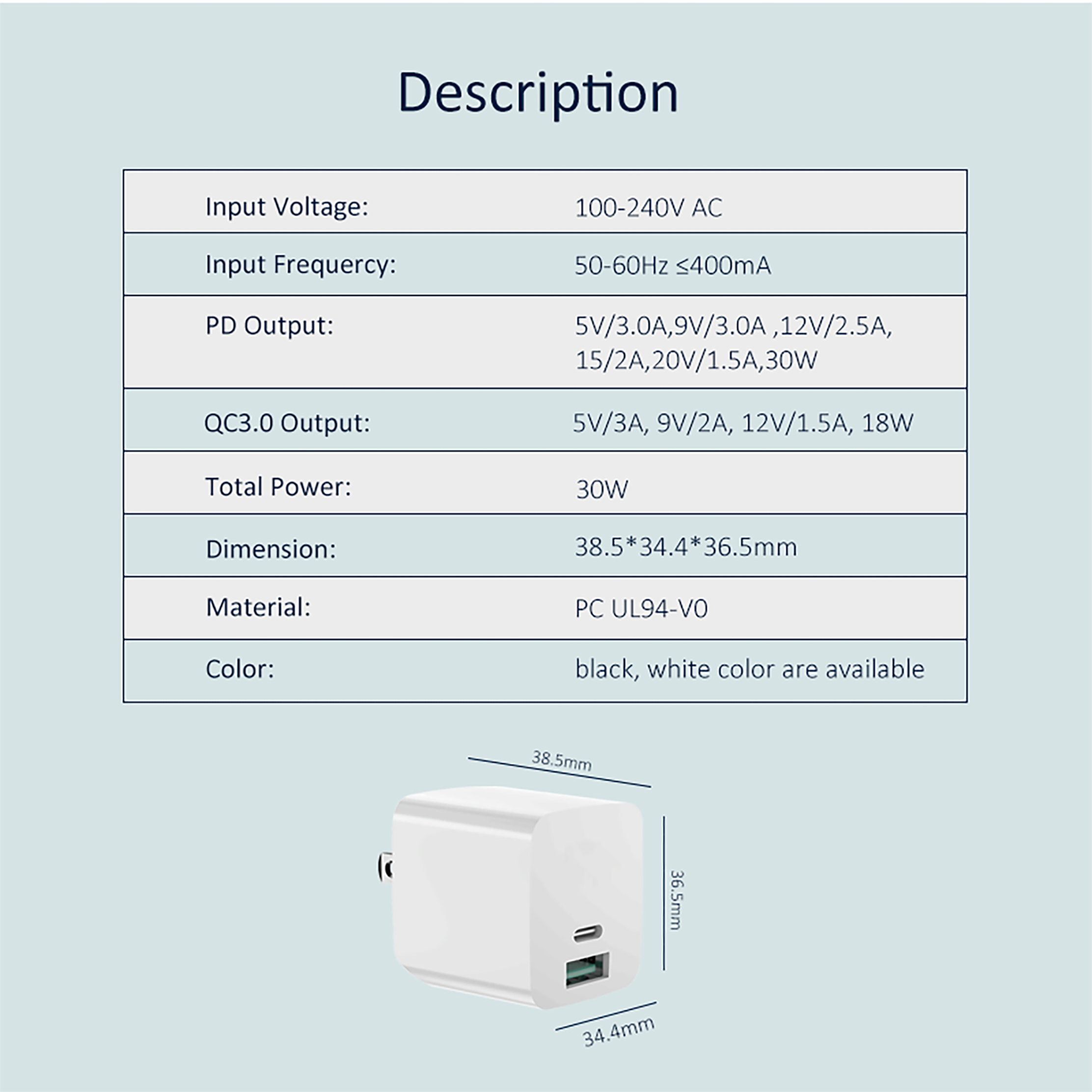 PD30W+QC18W Travel charger