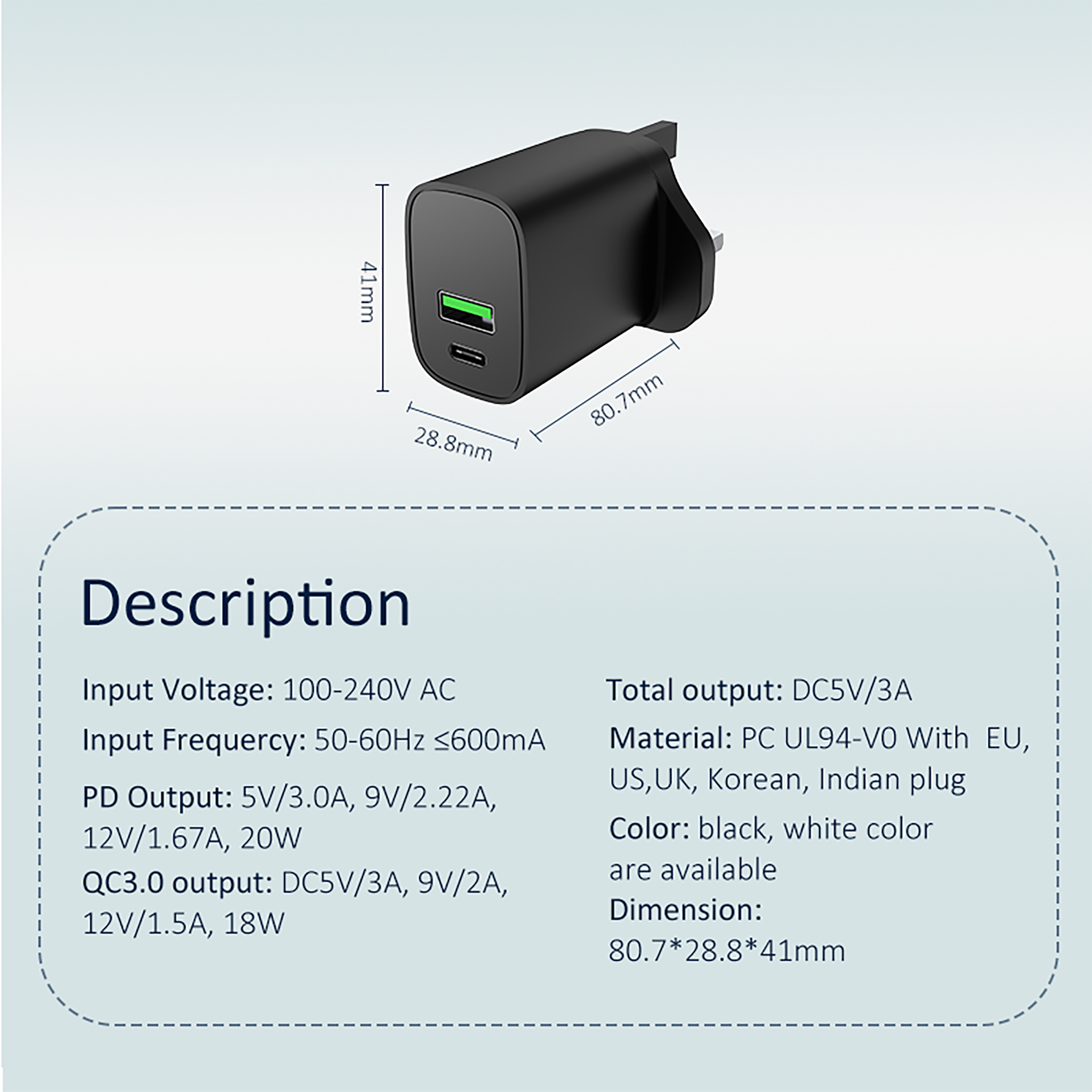 PD20W+QC18W Travel charger
