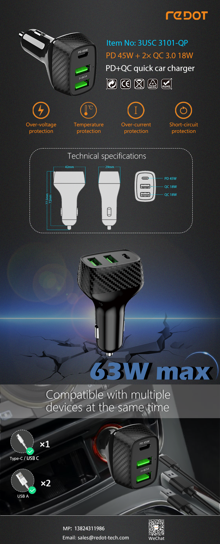 PD 65W+2QC 18W Car charger