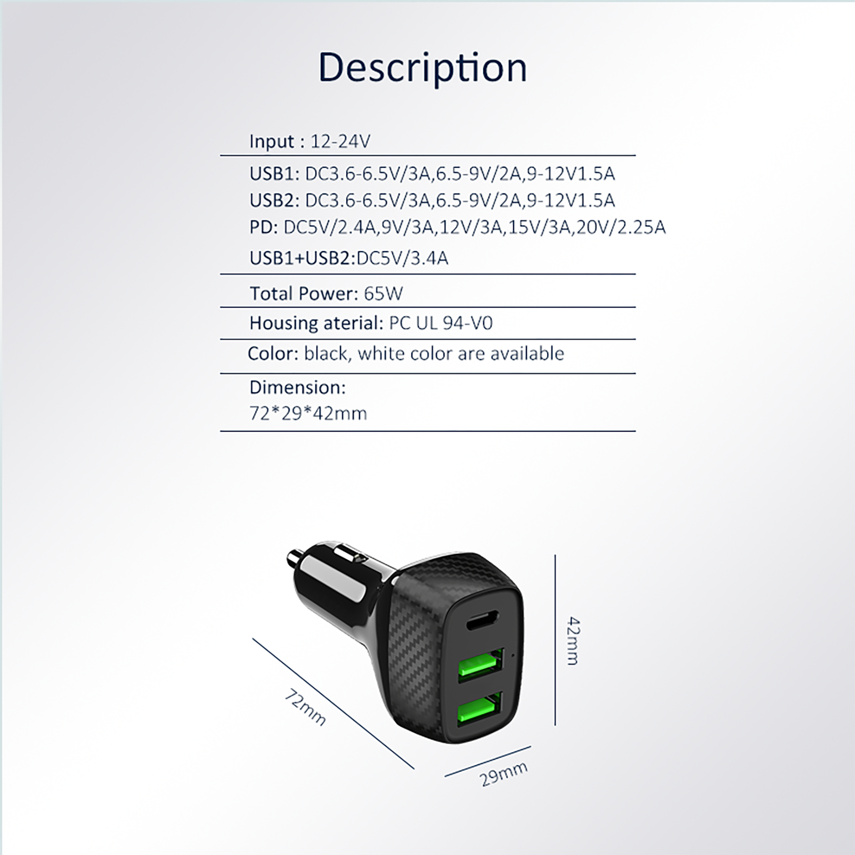PD 65W+2QC 18W Car charger