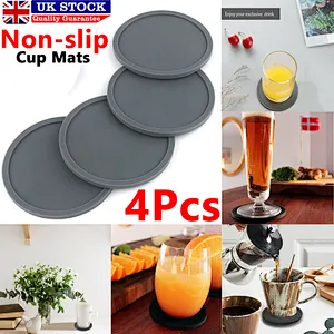 4pc Set Round Grey Silicone Coasters