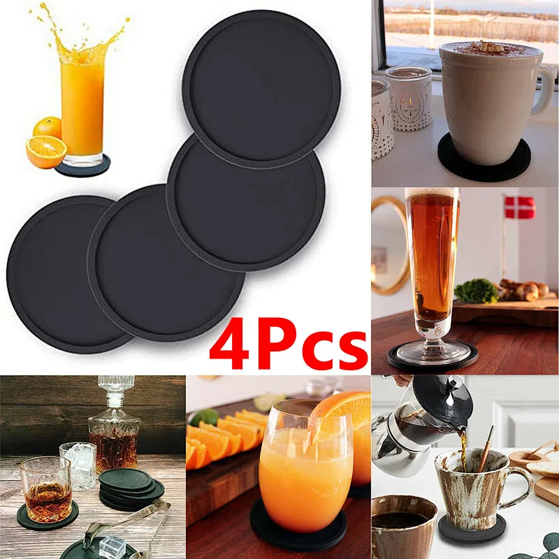 4pc Set Round Black Silicone Coasters