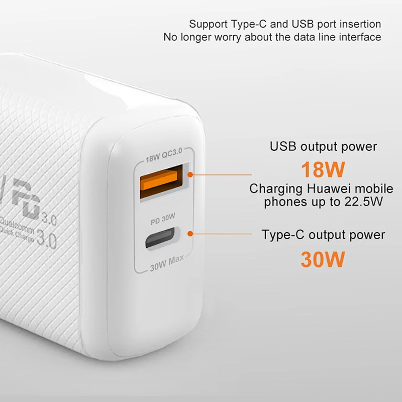 30W 2 Ports Fast Phone Charger Wall Travel QC 3.0 USB Charger for Mobile Phone Quick Charger PD Adapter