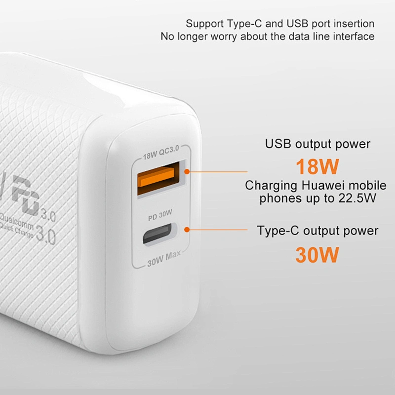 30W 2 puertos Cargador rápido para teléfono Wall Travel QC 3.0 Cargador USB para teléfono móvil Cargador rápido Adaptador PD