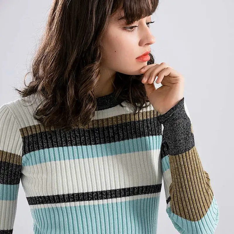 Factory Wholesale Ladies long sleeve Long slim stripe sweater dress