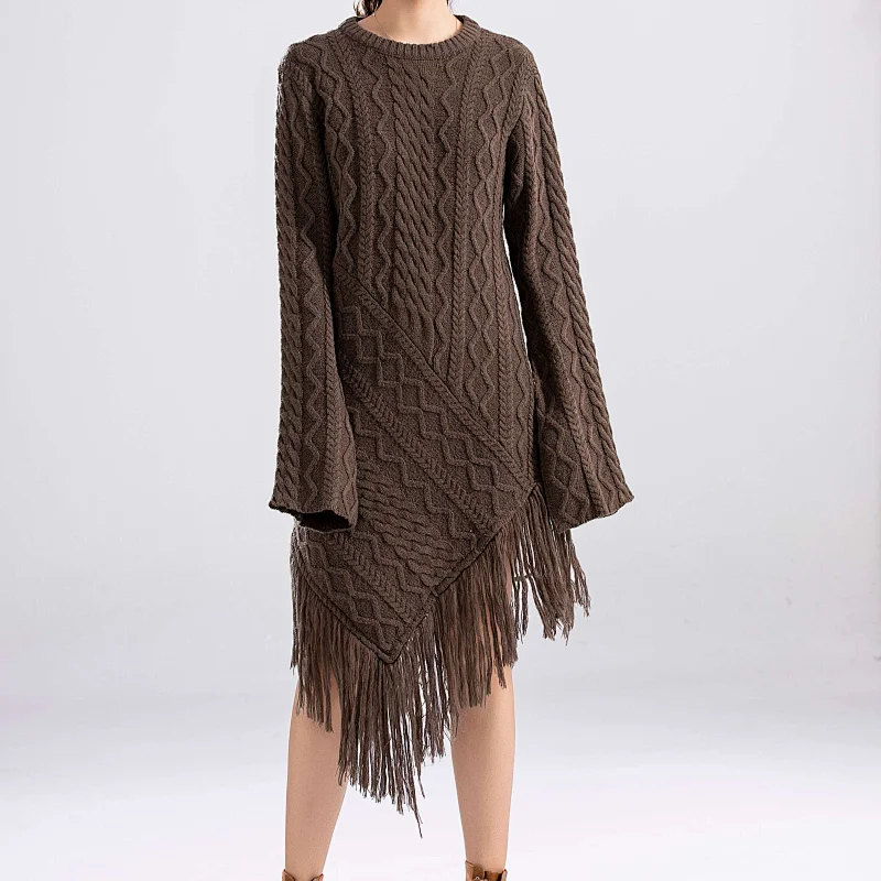 irregularity Winter Dresses wool sweater dress with tassel for women
