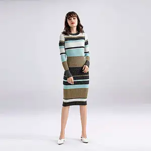 Factory Wholesale Ladies long sleeve Long slim stripe sweater dress