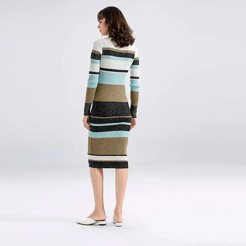 Factory Wholesale Ladies long sleeve Long slim stripe sweater dress