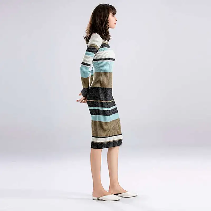 Factory Wholesale Ladies long sleeve Long slim stripe sweater dress