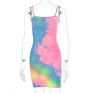 Trendy Fashion Sleeveless Strap Girl Casual Bodycon Clothing Mini Tie Dye Summer Dresses Women