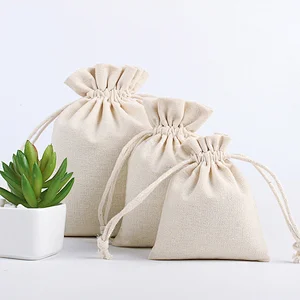 Wholesale price custom logo natural reusable cotton linen drawstring bag for gift