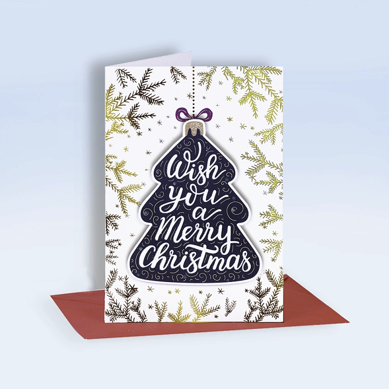 Christmas greeting card with hot stamping and glitter 3D sticker