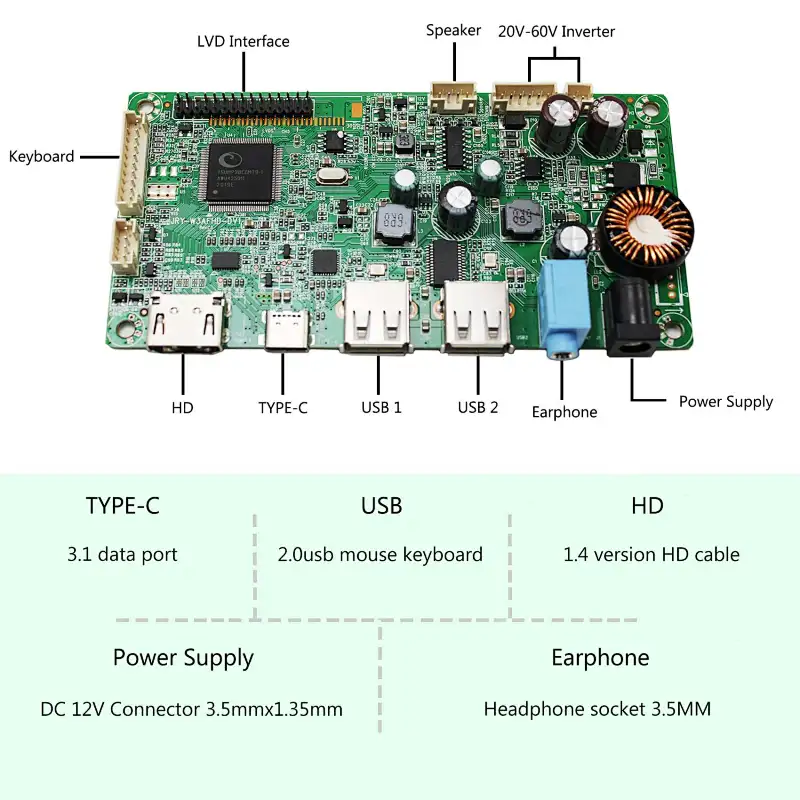 HDMI Type-C USBx2 AUDIO LCD Board Work for 1920x1080 LVDS TFT LCD Screen lvds lcd controller board USB LCD Board HDMI Type-C Board USB Board for 1920x1080 lcd