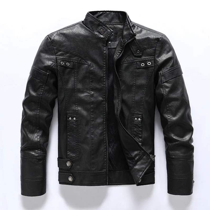 Mens Stand Collar fleece Quilted Zipper Jacket Motorcycle Pu Leather Jackets