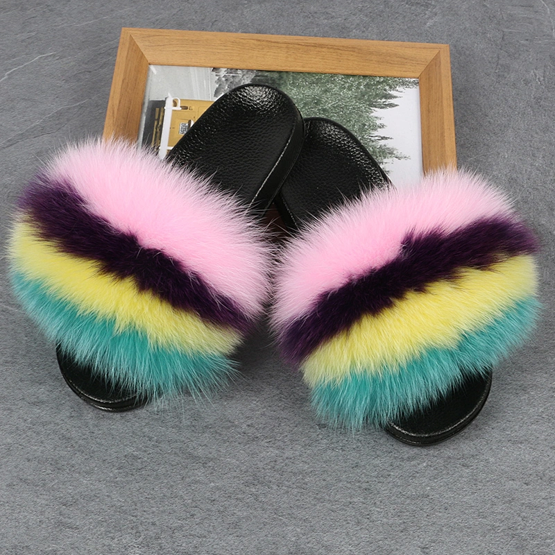 Greatshoe wholesale fashion raccoon fur customized logo faux fox for ladies furry slippers
