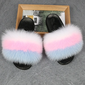 Greatshoe wholesale fashion raccoon fur customized logo faux fox for ladies furry slippers