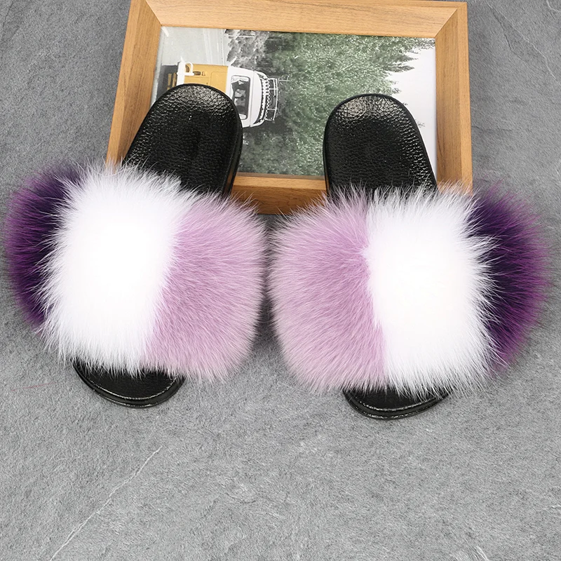 Greatshoe wholesale fashion raccoon fur customized logo faux fox for ladies furry slippers