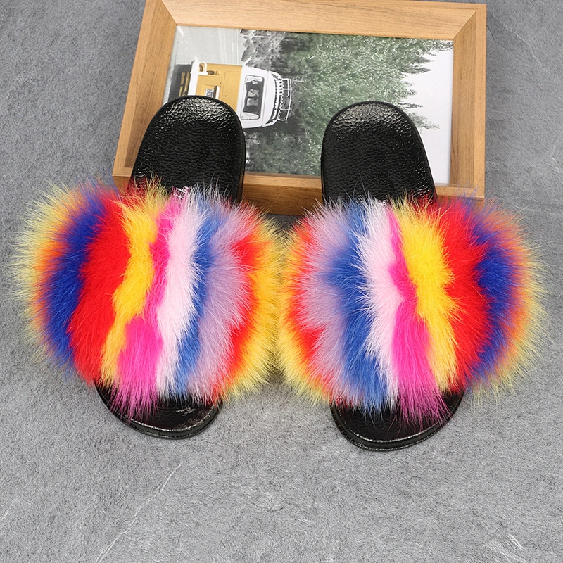 Greatshoe wholesale fashion raccoon fur customized logo faux fox for ladies furry slippers