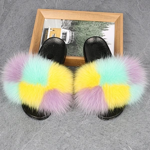 Greatshoe wholesale fashion raccoon fur customized logo faux fox for ladies furry slippers