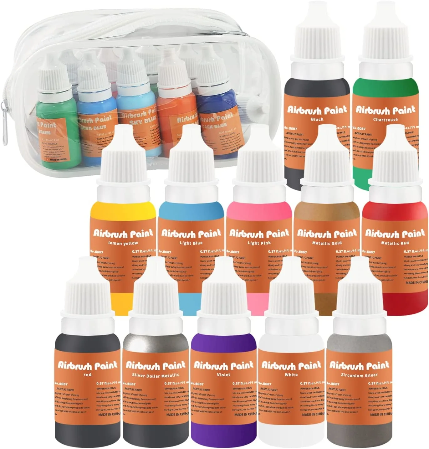 12 Colors Quick Drying Water Based Airbrush Paint,12x11ml Airbrush Paint Set of Acrylic Paint Include 4 Color Metallic Paint with 100ml Airbrush Thinner