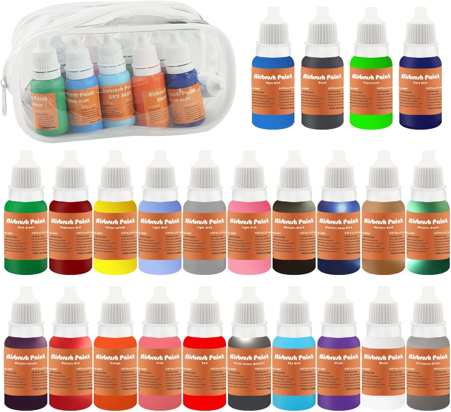 24 Colors Quick Drying Water Based Airbrush Paint,12x11ml Airbrush Paint Set of Acrylic Paint Include 8 Color Metallic Paint with 100ml Airbrush Thinner