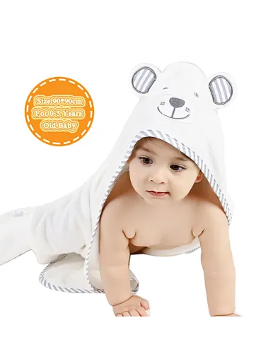 0-5-year-old infants are covered with hooded bamboo fiber, with dimensions of 90 * 90cm, 70 * 100cm, 600gsm, animal pattern, gray stripe, bear, cute baby, lying baby, smile