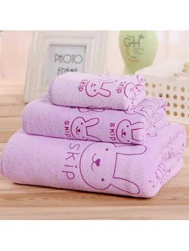 Absorbent microfibe towel Multi-purpose hand/face/bath set, Microfiber large size carved cute little rabbit square towel towel bath towel set, blue, red, purple, beige