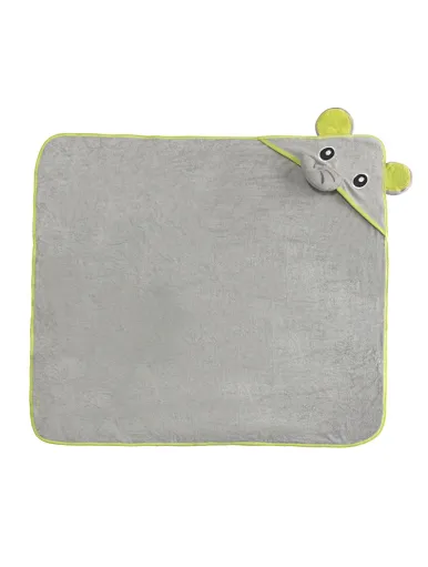 Expanded drawing of Hooded bamboo fiber blanket, Size 90 * 90cm, 70 * 100cm, 600gsm, animal pattern, gray elephant, big eyes, 3D design, green ears, crystal velvet paste cloth, double suture, cloth strip binding