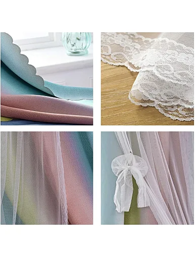 Gradient shading curtain, lace, yarn, bow, star, bedroom, blue, pink, yellow, laser trimming, Princess