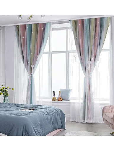 Gradient shading curtain, lace, Exquisite Tulle sheer, bow, star, bedroom, blue, pink, yellow, laser trimming, Princess, Thick Blackout Curtain