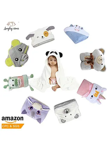 Extra soft 600 GSM Natural Organic bamboo baby hooded washcloth towel sets with animal design