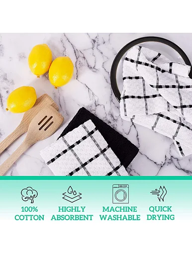 Cotton towels are fully functional and versatile, and can be used for daily furniture wiping, kitchen tableware cleaning, tea set, kitchen cabinet, cutlery, crockery, table, glass, etc.100% cotton, highly absorbent,quick drying , machine washable.