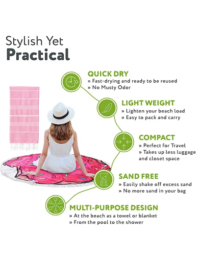 QUICK DRY,ready to be reused,No Musty Odor,Lighten your beach load,Easy to pack and carry,COMPACT,Perfect for Travel
Takes up less Luggage and closet space,SAND FREE,Easily shake off excess sand,No more sand in your bag,MULTI-PURPOSE DESIGN