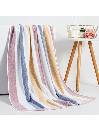 Chinese factory wholesale stripe absorbent cotton Hotel large size bath towel, fluffy, beige, yellow, light green, blue, dark blue, purple, gray, pink, home, beach, modelling, unfold