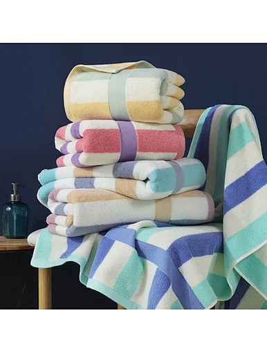 Chinese factory wholesale stripe absorbent cotton Hotel large size bath towel, fluffy, beige, yellow, light green, blue, dark blue, purple, gray, pink, home, beach, modelling