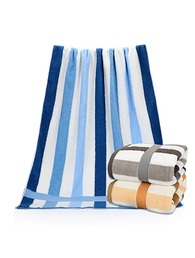 Chinese factory wholesale stripe absorbent cotton Hotel large size bath towel, fluffy, beige, yellow, light green, blue, dark blue, purple, gray, pink, home, beach, modelling, unfold
