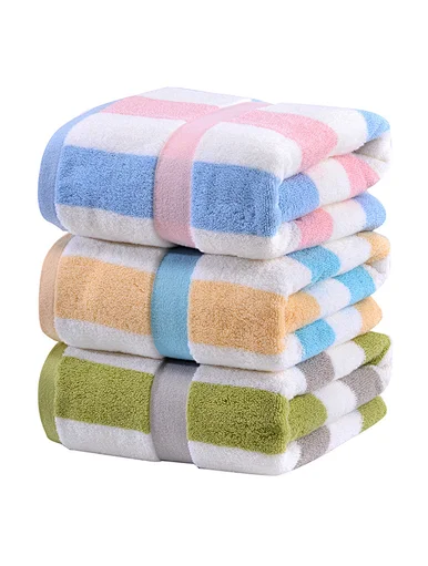 Chinese factory wholesale stripe absorbent cotton Hotel large size bath towel, fluffy, beige, yellow, light green, blue, dark blue, purple, gray, pink, home, beach