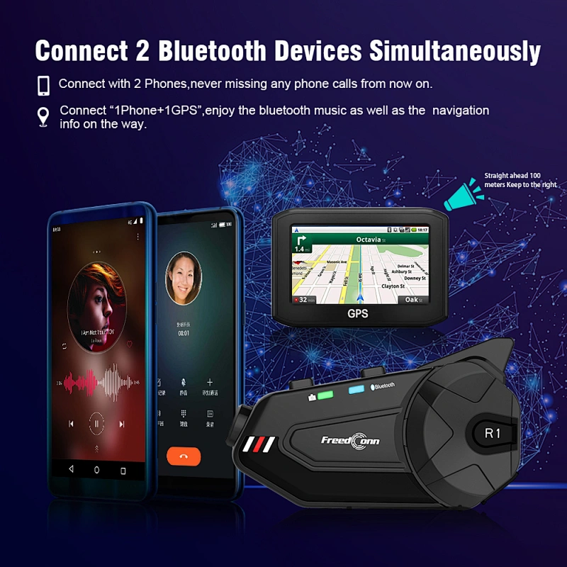 admite 6 jinetes Conexión del sistema de intercomunicación Bluetooth 2 teléfonos móviles con cámara grabadora de vídeo 1080P casco intercomunicador auricular R1 plus
