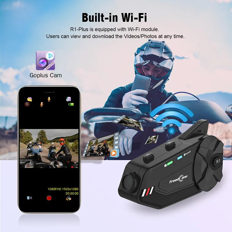 support 6 riders Bluetoot intercom system connection 2 mobile phones with camera video recorder 1080P helmet intercom headset R1 plus