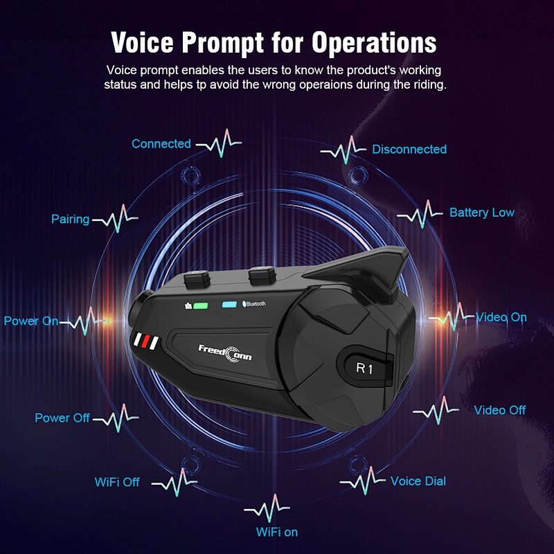 suporte para 6 pilotos conexão do sistema de intercomunicação Bluetooth 2 telefones celulares com câmera de vídeo 1080P capacete interfone headset R1 plus