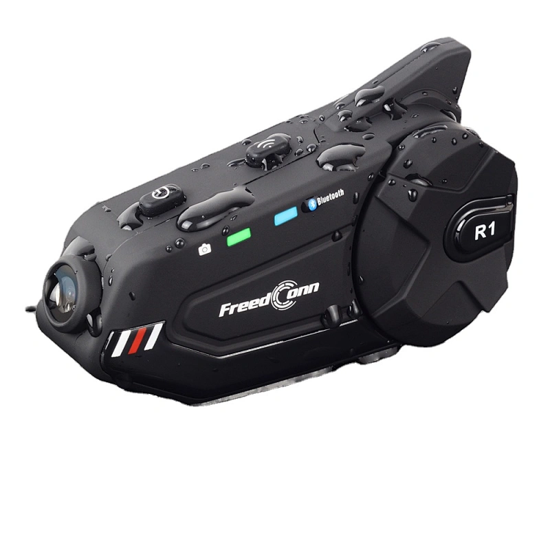 ondersteuning 6 rijders Bluetooth intercom systeem aansluiting 2 mobiele telefoons met camera videorecorder 1080P helm intercom headset R1 plus