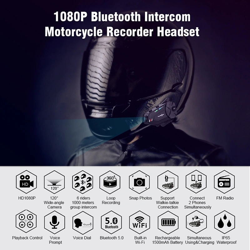 admite 6 jinetes Conexión del sistema de intercomunicación Bluetooth 2 teléfonos móviles con cámara grabadora de vídeo 1080P casco intercomunicador auricular R1 plus