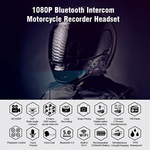ondersteuning 6 rijders Bluetooth intercom systeem aansluiting 2 mobiele telefoons met camera videorecorder 1080P helm intercom headset R1 plus