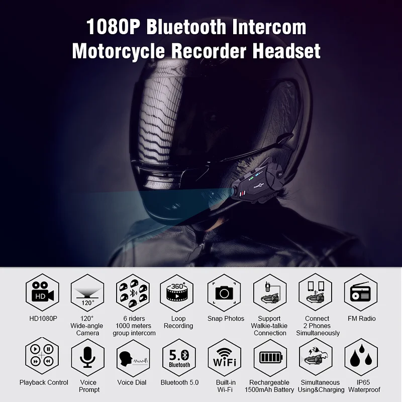support 6 riders Bluetoot intercom system connection 2 mobile phones with camera video recorder 1080P helmet intercom headset R1 plus